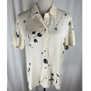 Vintage Amanda Gray Women's Floral Print Button Front Cream & Black Blouse Sz M